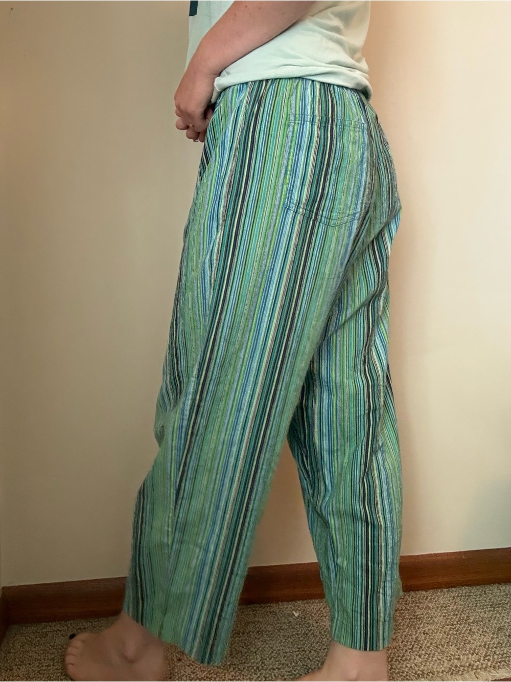 Chico’s Y2K Striped cotton Green Blue Elastic Waist Pants